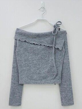 Clear Korean Fashion Gray Ruffle Off-Shoulder Tie Crop Top Sz F (US - One Size )